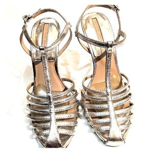 Silver metallic t-strap spike heels